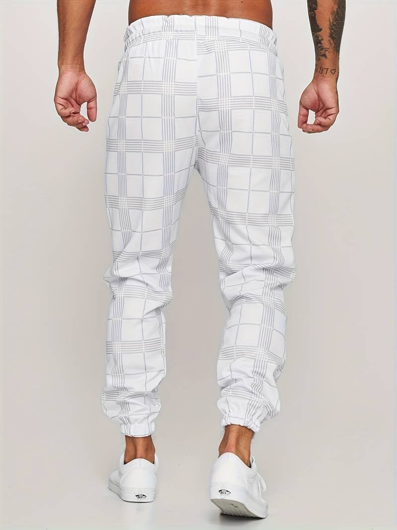 Back view of comfortable checked jogger pants for men with a secure back pocket detail.