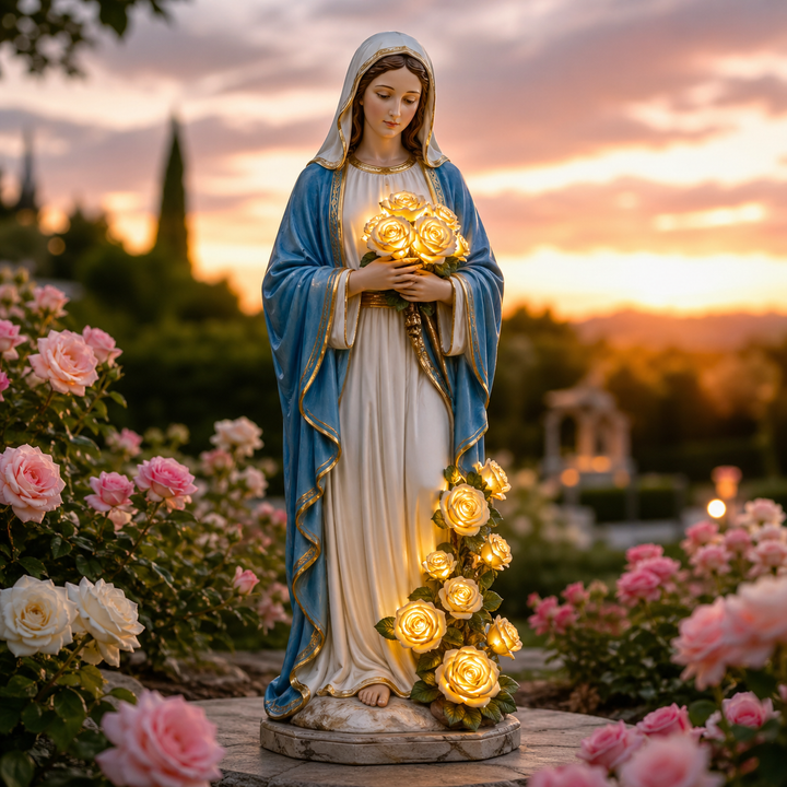 Virgin Mary garden light glowing among roses at sunset