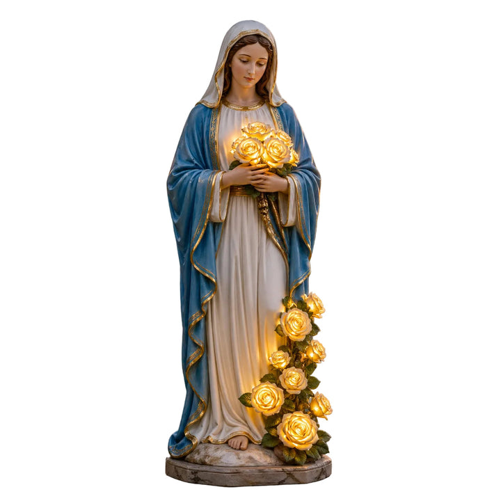 Full view of the Virgin Mary garden light statue on white
