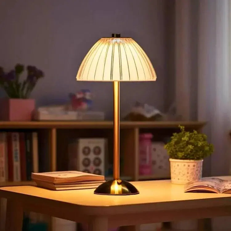 Bedroom lighting cordless lamp illuminating a nightstand with warm ambient glow.