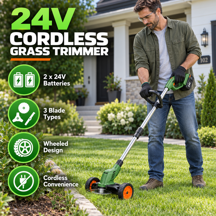 Man using the cordless grass trimmer and edger in front of a house