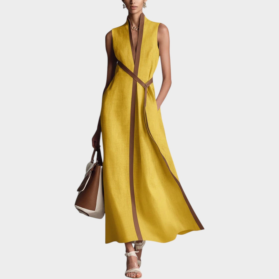 Long wrap style summer dress for women featuring contrast trim detail and sleeveless design