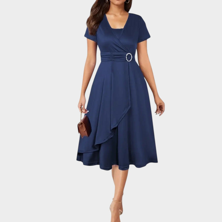 Chic rhinestone waist midi dress styled for formal events and evening parties