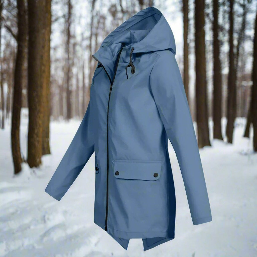 Blue waterproof hooded rain jacket side angle view with drawstring hood