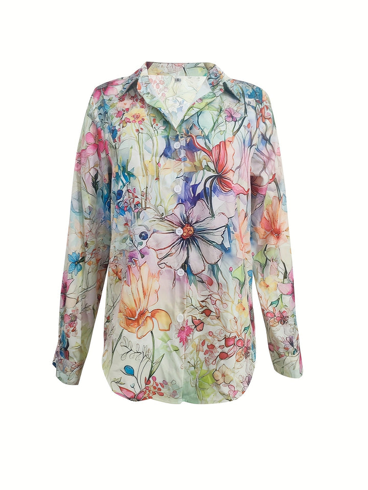 Front flat lay view of the colorful botanical print blouse