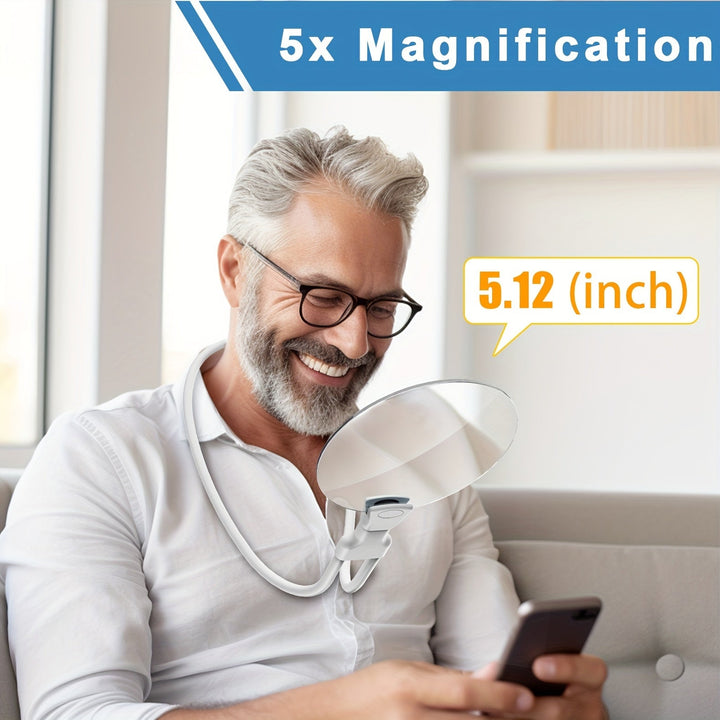 Man using a 5x magnification hands-free reading glass while looking at a phone