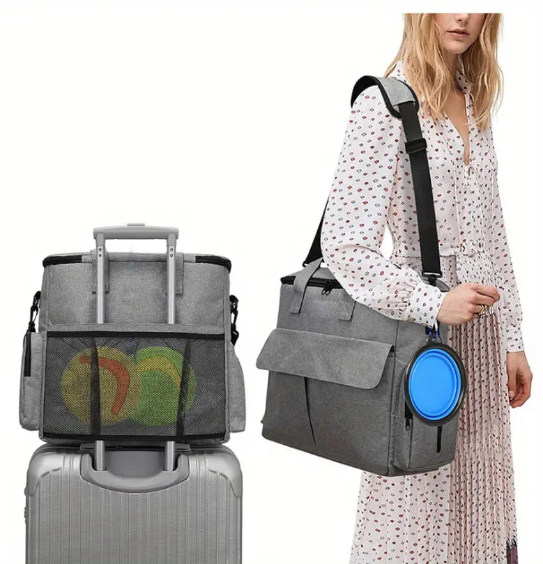 Woman carrying grey dog travel backpack next to luggage with blue collapsible bowl attached