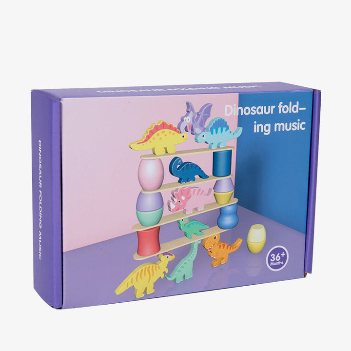 Close-up of wooden dinosaur building blocks in a colorful educational stacking toy