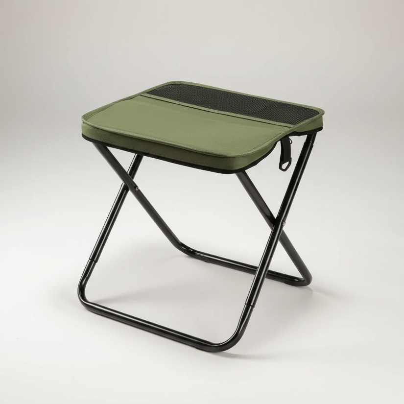 Side angle of the lightweight chair demonstrating its balanced tripod base