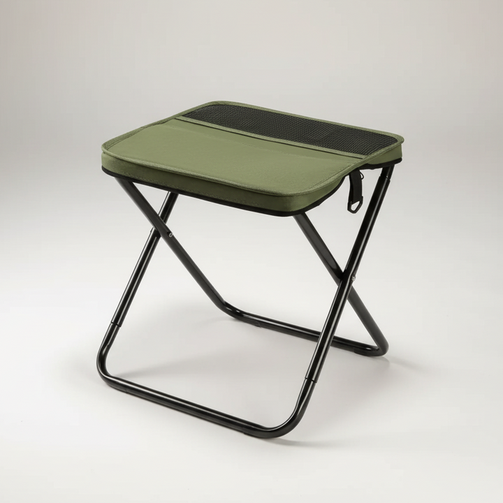 Side angle of the lightweight chair demonstrating its balanced tripod base