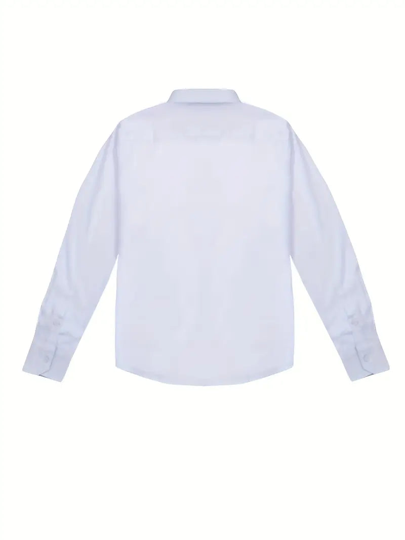 Interior label and neckline trim detail of mens tailored long sleeve shirt