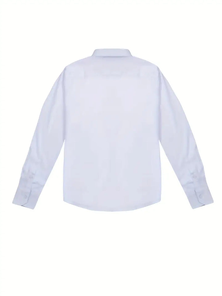 Interior label and neckline trim detail of mens tailored long sleeve shirt