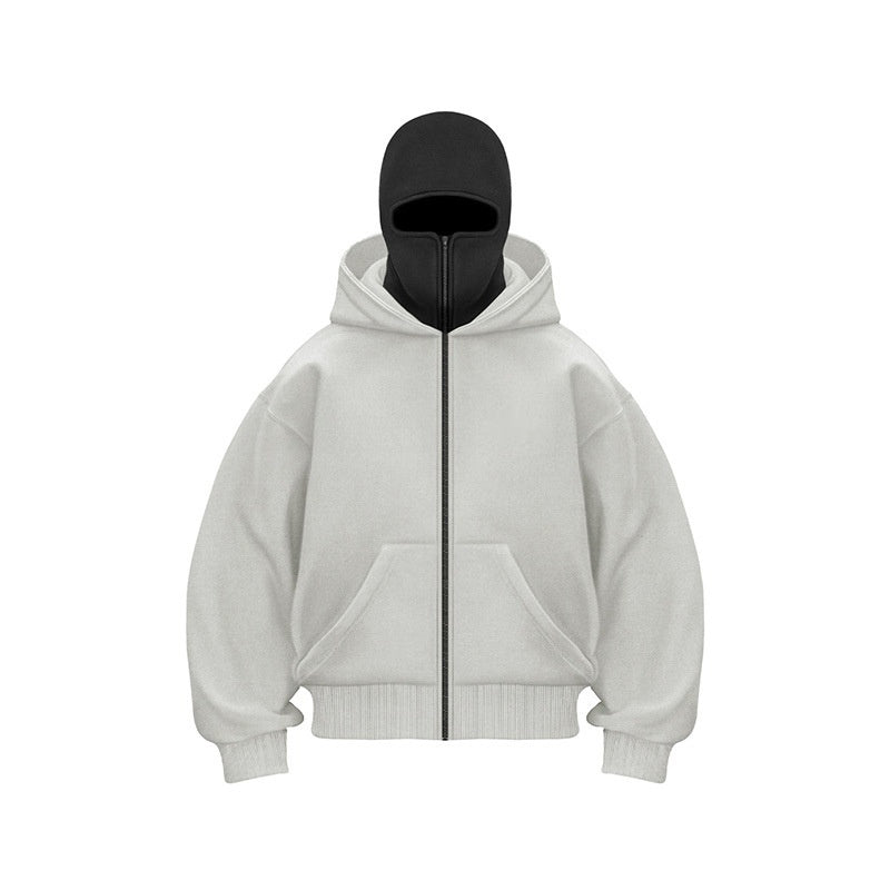 Light grey mask zip-up hoodie featuring an integrated black face mask