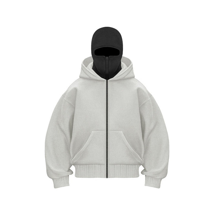 Light grey mask zip-up hoodie featuring an integrated black face mask
