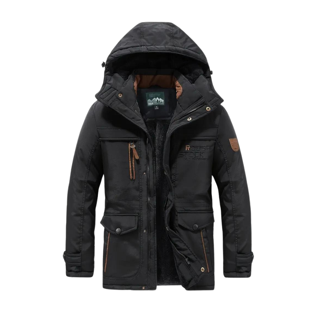 Front view of black men's lined outdoor jacket with hood