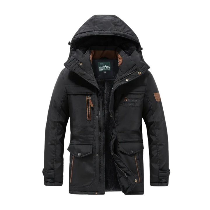 Front view of black men's lined outdoor jacket with hood