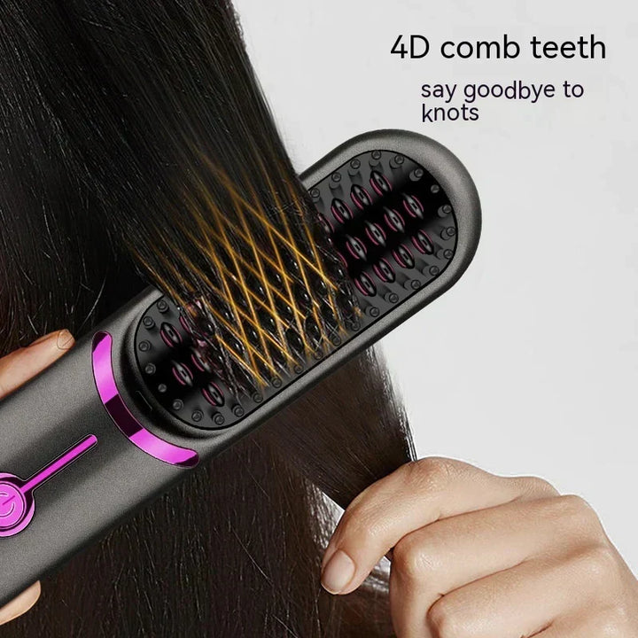 Cordless rechargeable hair straightening brush angled view showing ceramic bristles