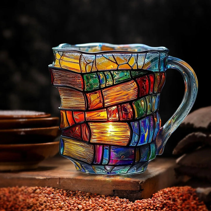 Stylish coffee mug with whimsical 3D stacked books artwork