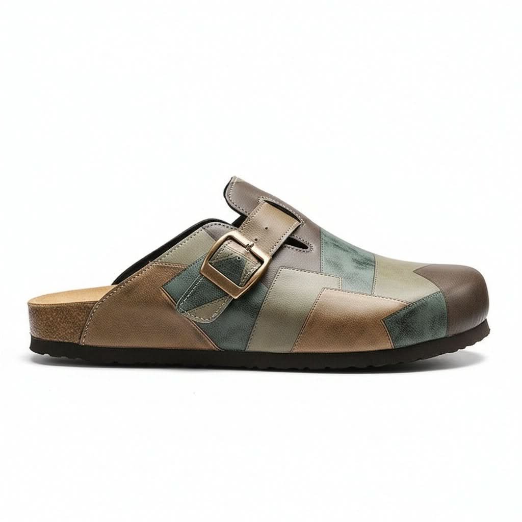 Side profile of women's comfortable slip-on patchwork clogs