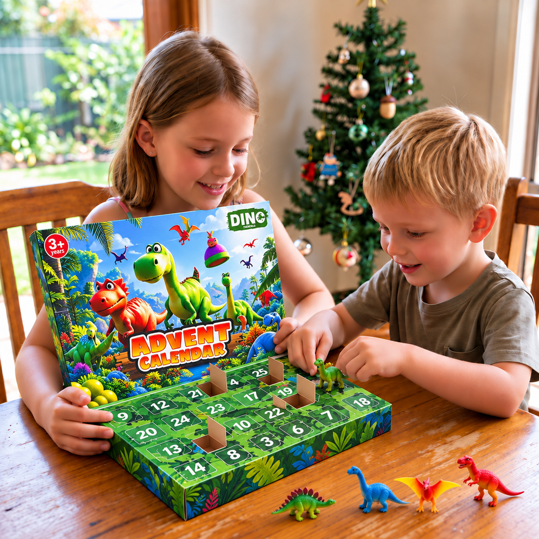 Kids Dinosaur Advent Calendar box featuring a festive prehistoric scene for holiday countdown