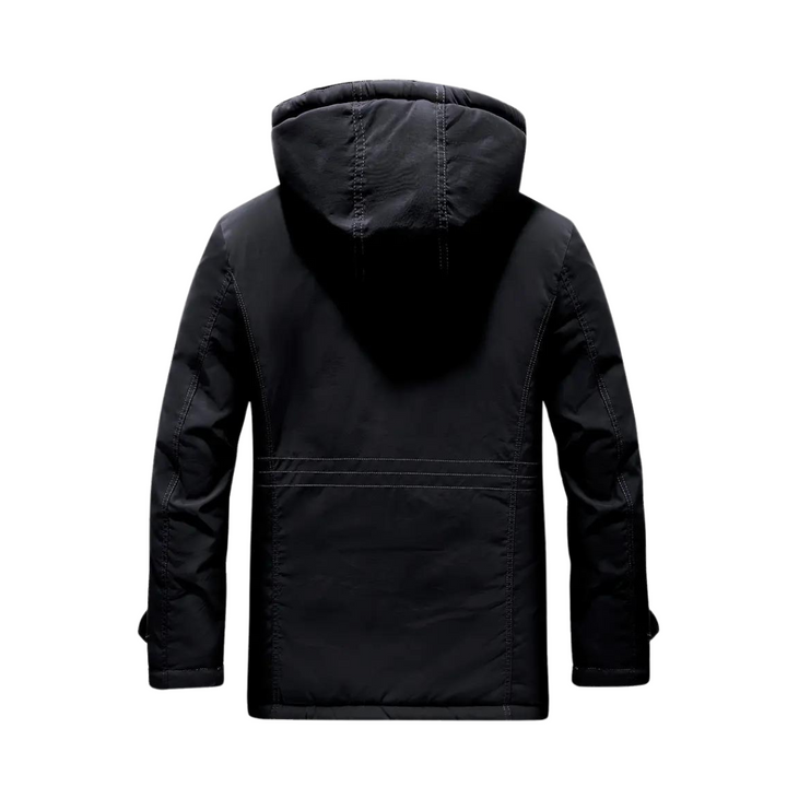 Flat lay of mens winter coat showcasing all pockets and durable construction
