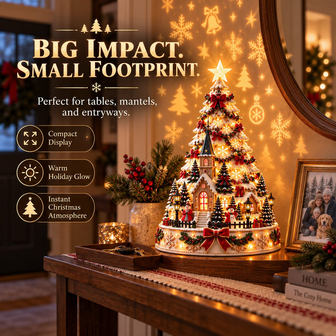Detailed view of the illuminated christmas village projection tree base