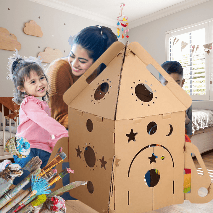 Painted cardboard castle craft kit finished project by children