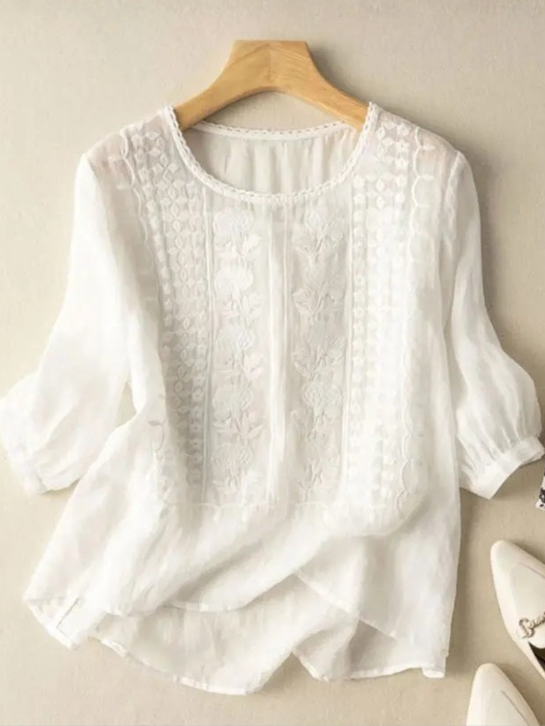 White women's embroidered relaxed fit casual blouse