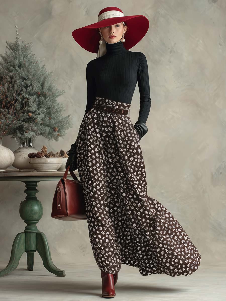Full-body view of a model in a black turtleneck and seasonal patterned skirt set