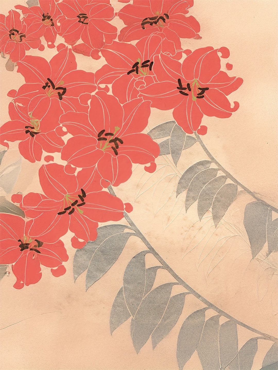 Close-up detail of the vibrant retro floral botanical pattern and warm color tones
