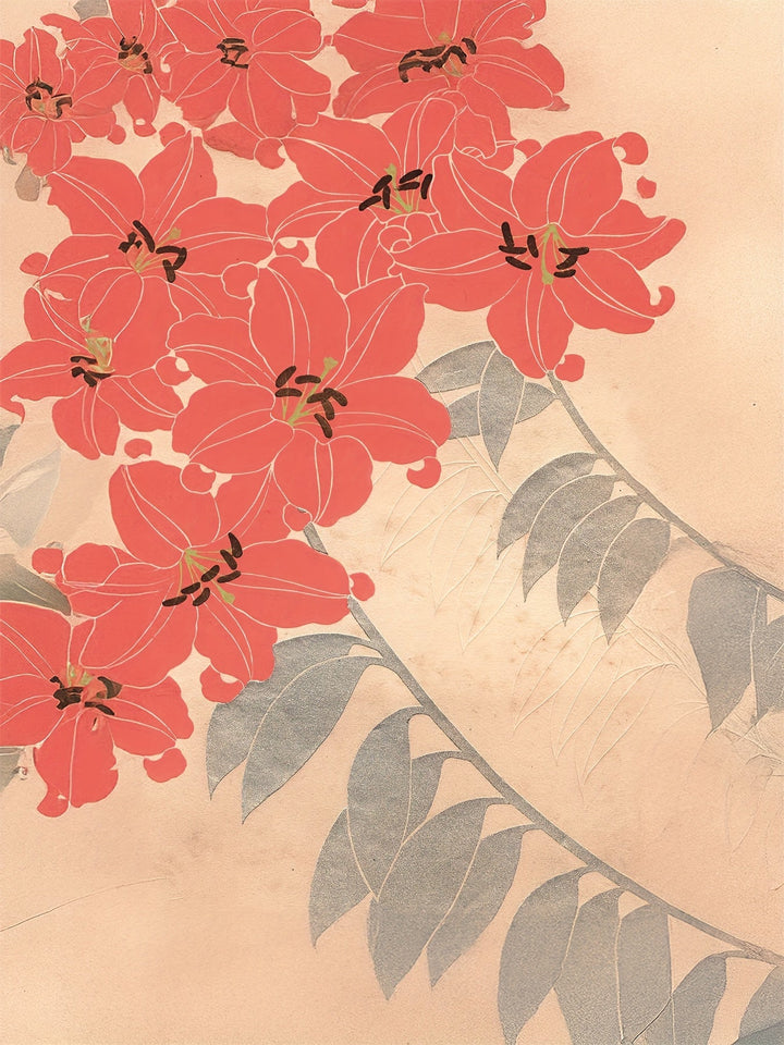 Close-up detail of the vibrant retro floral botanical pattern and warm color tones