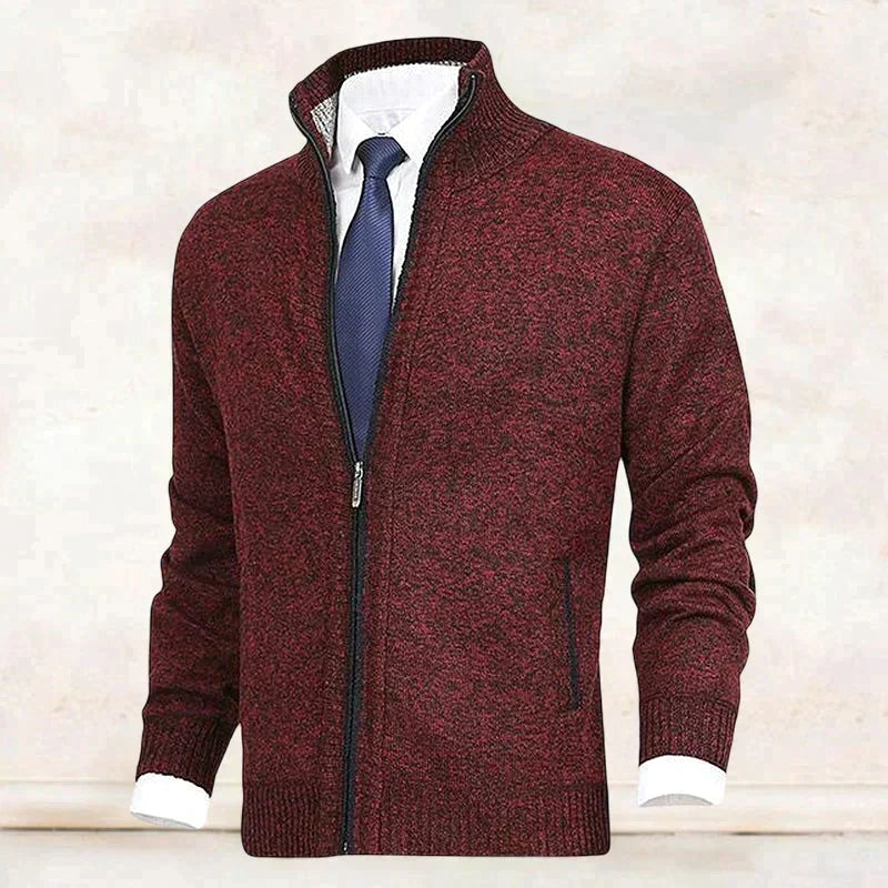 Folded men's winter sweater displaying thick knit texture and warmth
