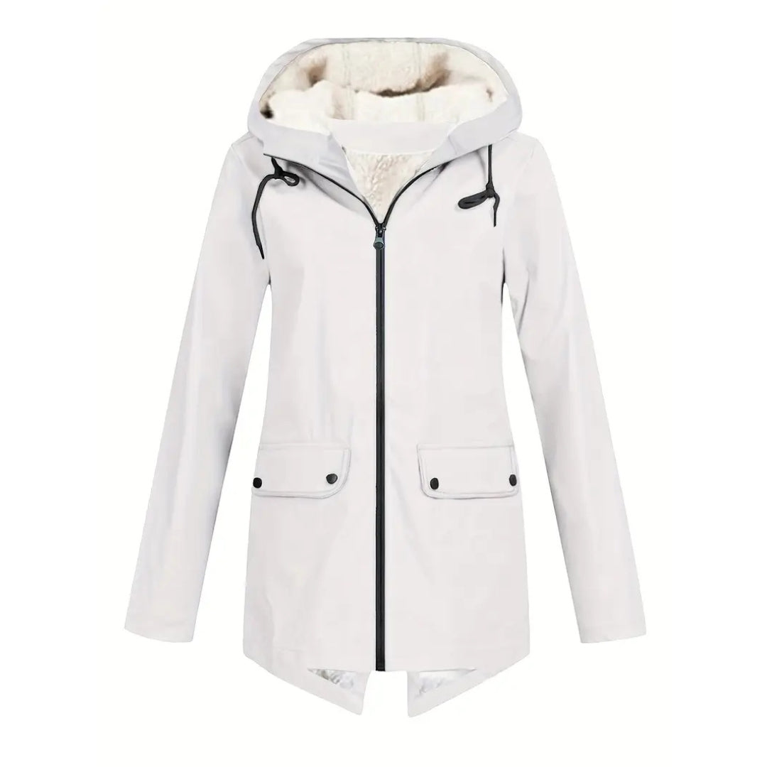 Full length shot of the stylish waterproof hooded coat in action
