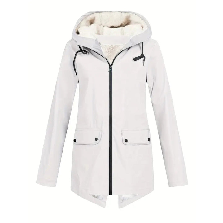 Full length shot of the stylish waterproof hooded coat in action