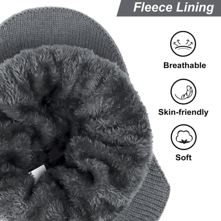 Back view of knitted beanie with cozy thermal lining