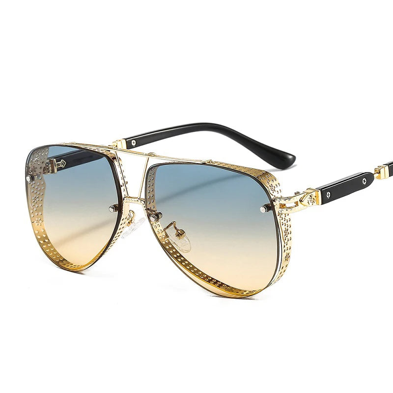 Women's gold frame oval metal sunglasses with gradient lenses