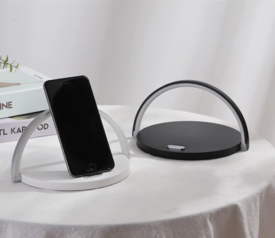 Bedside LED night lamp with integrated Qi wireless charger and adjustable brightness