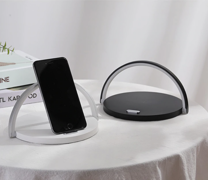 Bedside LED night lamp with integrated Qi wireless charger and adjustable brightness