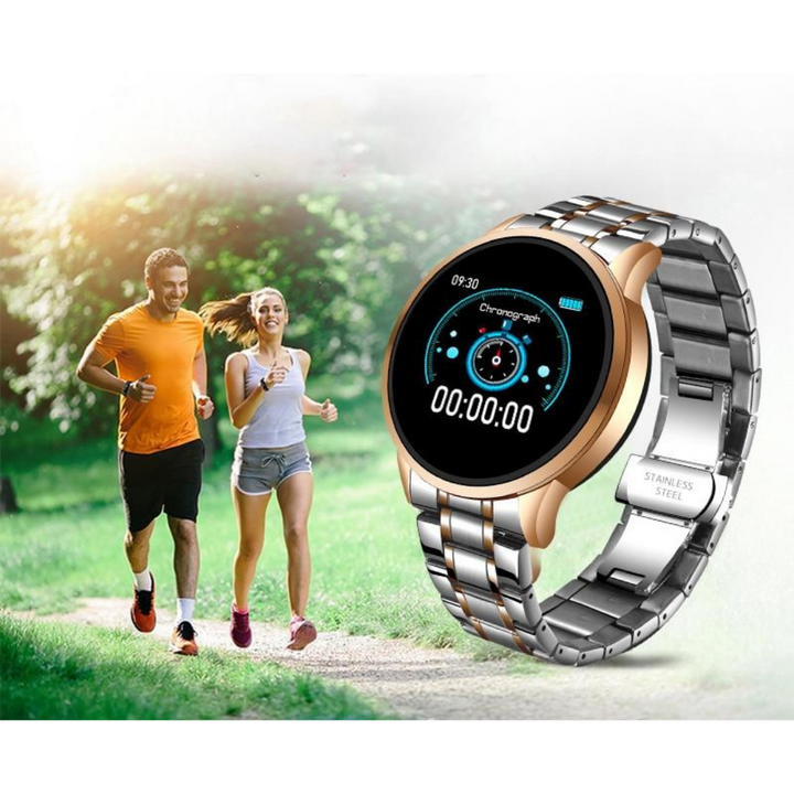 Close-up of unisex bluetooth smartwatch display showing time and fitness data