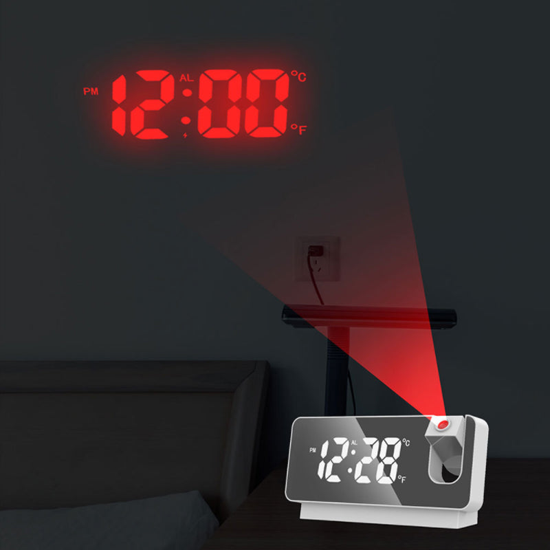 Nighttime bedroom view of digital alarm clock wall projection