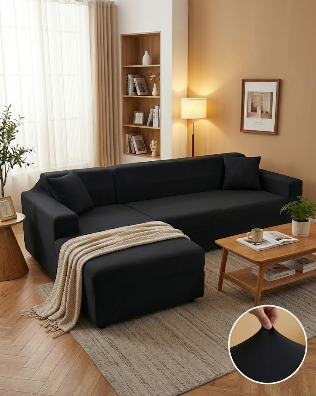Modular black sofa cover displayed in a modern living room setting