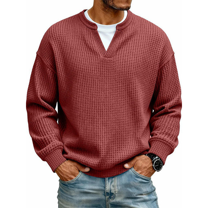 Flat lay of mens layered look waffle long sleeve tee in neutral color