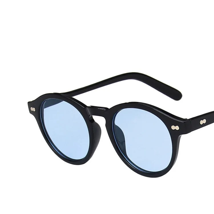 Black frame retro round sunglasses featuring light blue lenses