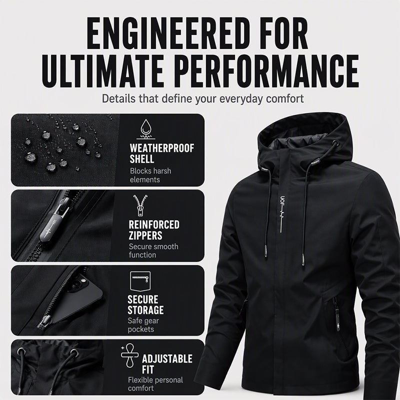 Detailed view of waterproof shell and reinforced zippers