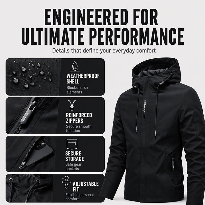 Detailed view of waterproof shell and reinforced zippers