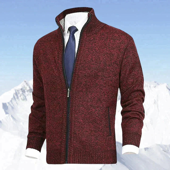 Pocket detail on a men's casual zip cardigan sweater