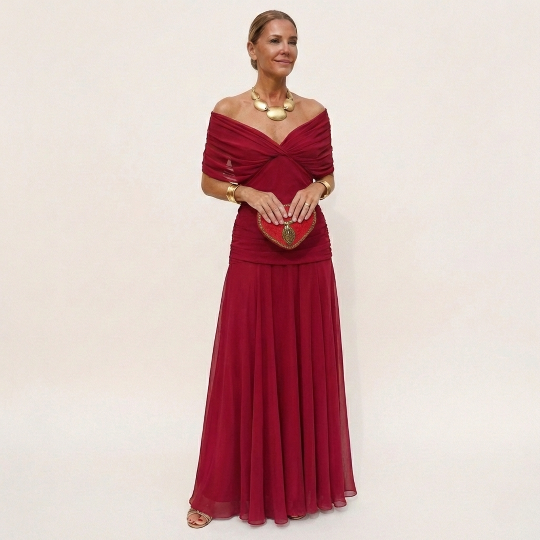 Close-up of v-neckline on formal flowing evening dress