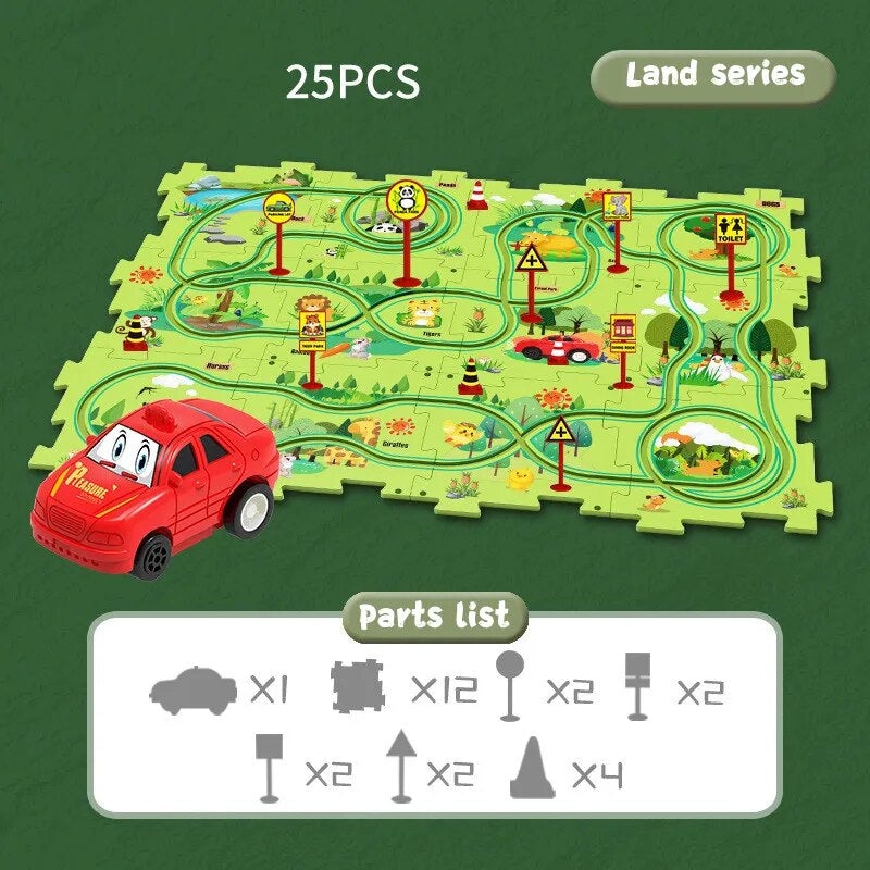 Educational vehicle puzzle set Forest theme with toy car and puzzle tracks