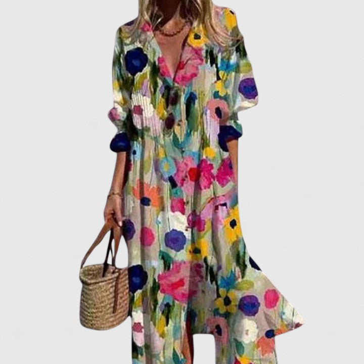 Full length floral and leaf print shirt dress for women ideal for warm weather
