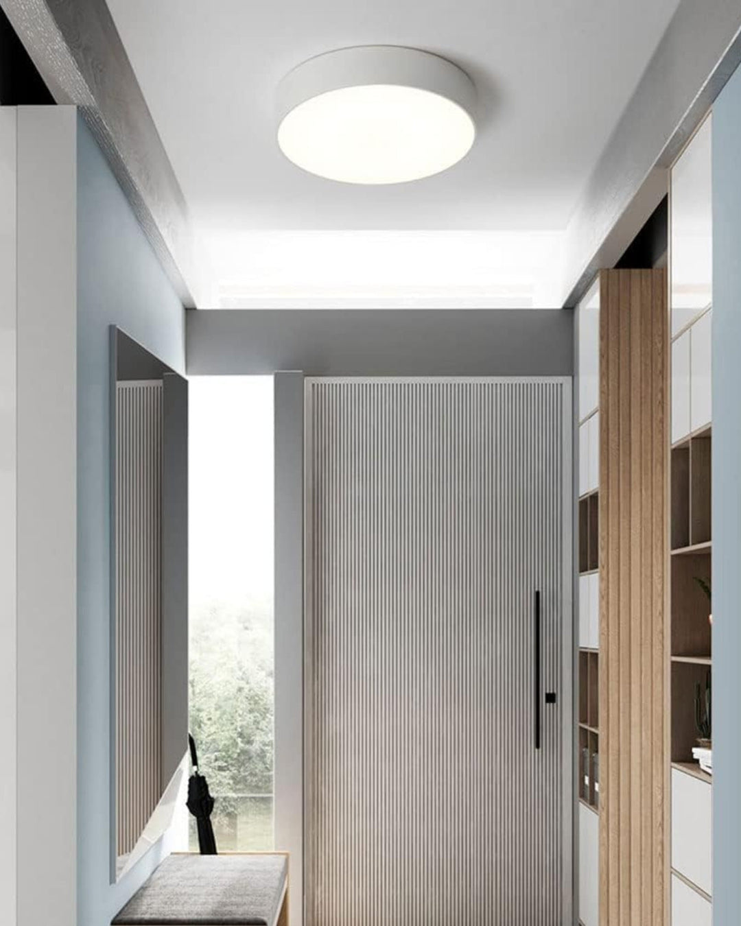 Soft diffused light glowing from a modern flush mount fixture